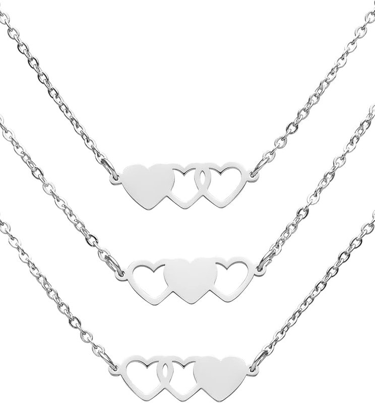HOFOYA 3 Piece Suit Family Set Silver Love Heart Necklace Set for Sisters