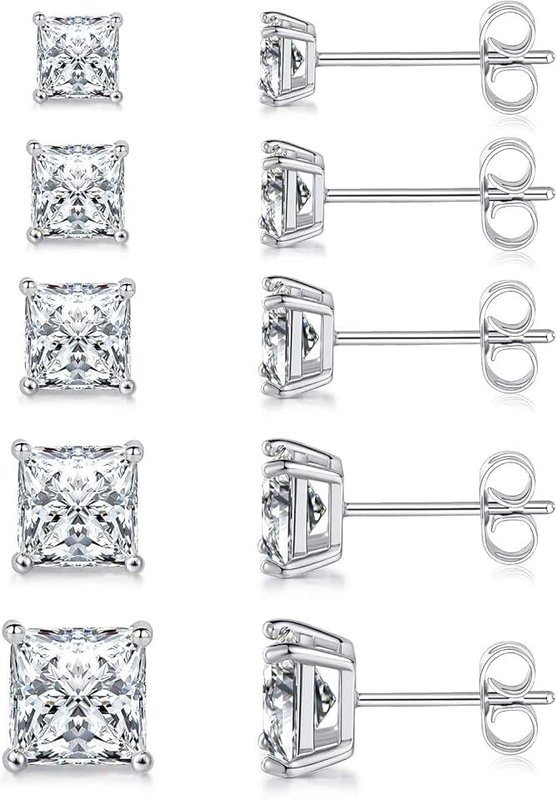 MDFUN 18K White Gold Plated Princess Cut Clear Cubic Zirconia Stud Earring Pack of 5 Pairs