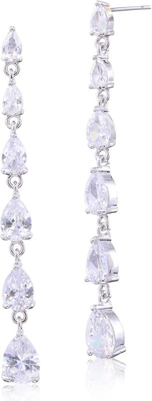 Mycitta CZ Linear Earrings for Women Girls Sterling Silver Multi Teardrop Cubic Zirconia Crystal Simulated Diamond Rhinestone Long Bridal Dangle Drop Post Earrings for Wedding Prom Party Bride Bridesmaids