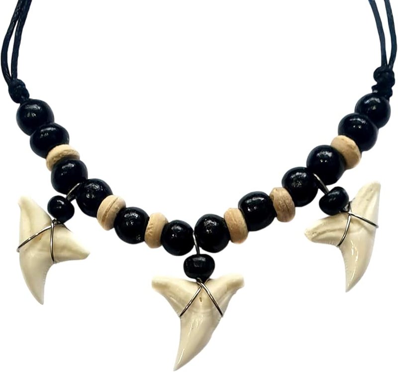 Swimmi 3! Genuine Shark Teeth Necklace for Men, Mako Shark Tooth Necklace, Handmade Wooden Beads adjustable Cords Shark Tooth Necklace for Women Jewelry GA377, Shark Tooth, No Gemstone