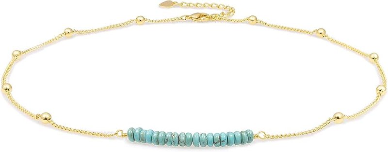 PERNNLA PEARL 18K Gold Satellite Beaded Curb Ball Chain Choker Turquoise Garnet Beads Bar Necklace Handmade Pendant Jewelry Adjustable for Women 16”+ 2”