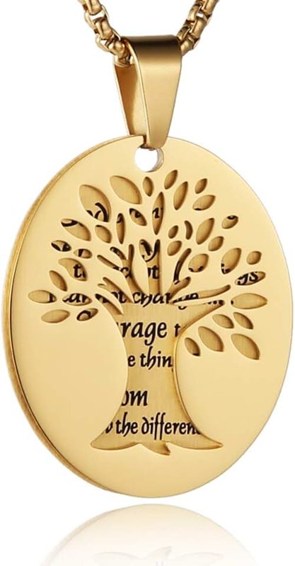 HZMAN Two Piece Serenity Prayer Stainless Steel Pendant Necklace With Tree Of Life Cut Out