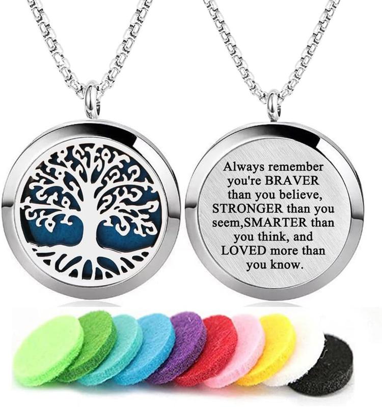 GFONDINGD Aromatherapy Essential Oil Diffuser Necklace Tree of Life Pattern Stainless Steel Locket Pendant Engraved Tree of Life