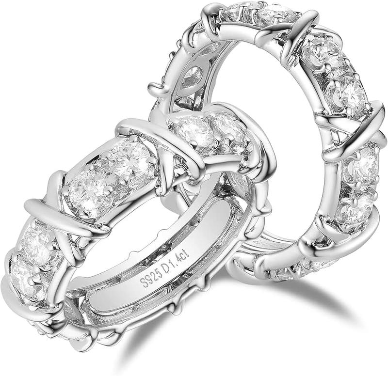 DovEggs 1.4CTW Total GHI 3mm Cut Moissanite Lab Created Diamond Engagement Ring Full Eternity Wedding Band 14k Gold Quality Silver Engagement Ring for Women with 5.4mm Width