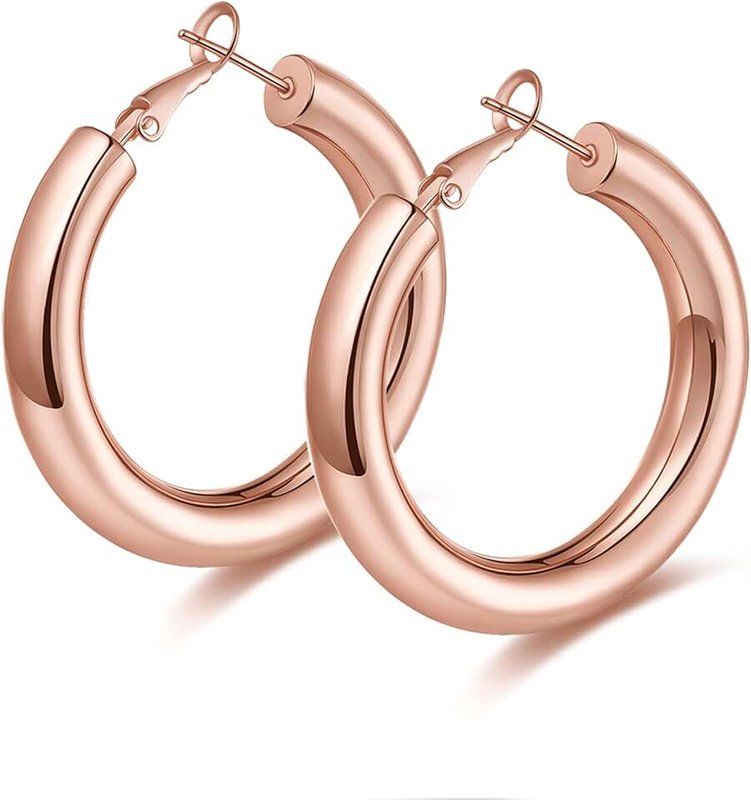 wowshow Thick Hoop Earrings Howllow 14K Gold Plated Gold Hoops for Women