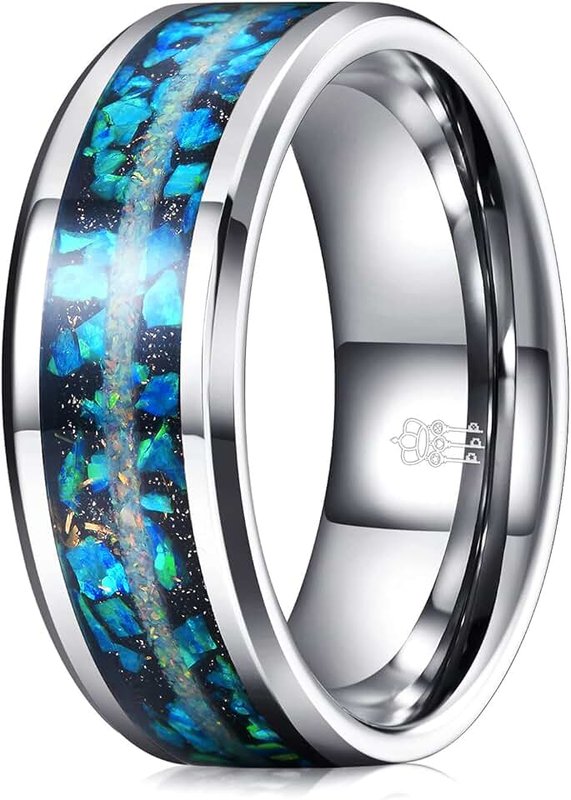 Three Keys Jewelry Mens Womens Tungsten Rings 8mm 4mm Galaxy Series Created-opal Colorful Blue White Green Inlay Hammered Wedding Bands