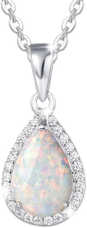 FANCIME October Birthstone Necklace Sterling Silver White Opal Necklace Fire Opal Halo Waterdrop Teardrop Pear Shape Opal Pendant Fine Opal Jewelry for Women