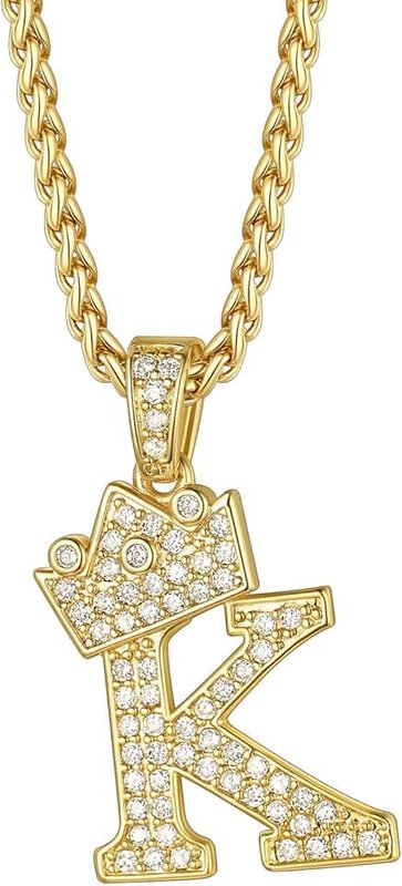 Richsteel A-Z Crown Initial Necklace for Men Women 18K Gold Plated Shiny Cubic Zirconia Monogram Pendant with 22'' Chain+2'' (Extended) Custom 1-6 Letters Name Jewelry(with Gift Box)