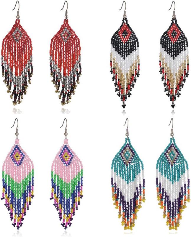 Weicam Women Jewellery 4 Pair Multicolor Nation Bohemian Style Tassel Earrings Handmade Beaded Jewelry