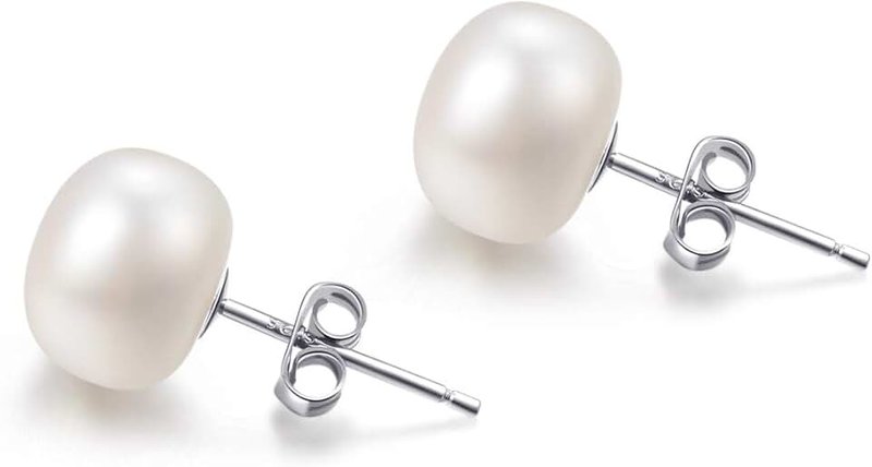 Candyfancy Freshwater Pearl Earrings Real 925 Silver Pearl Stud Earrings White 5 mm 6 mm 7 mm 8 mm 10 mm Freshwater Cultured Pearl Earrings Stud Earrings