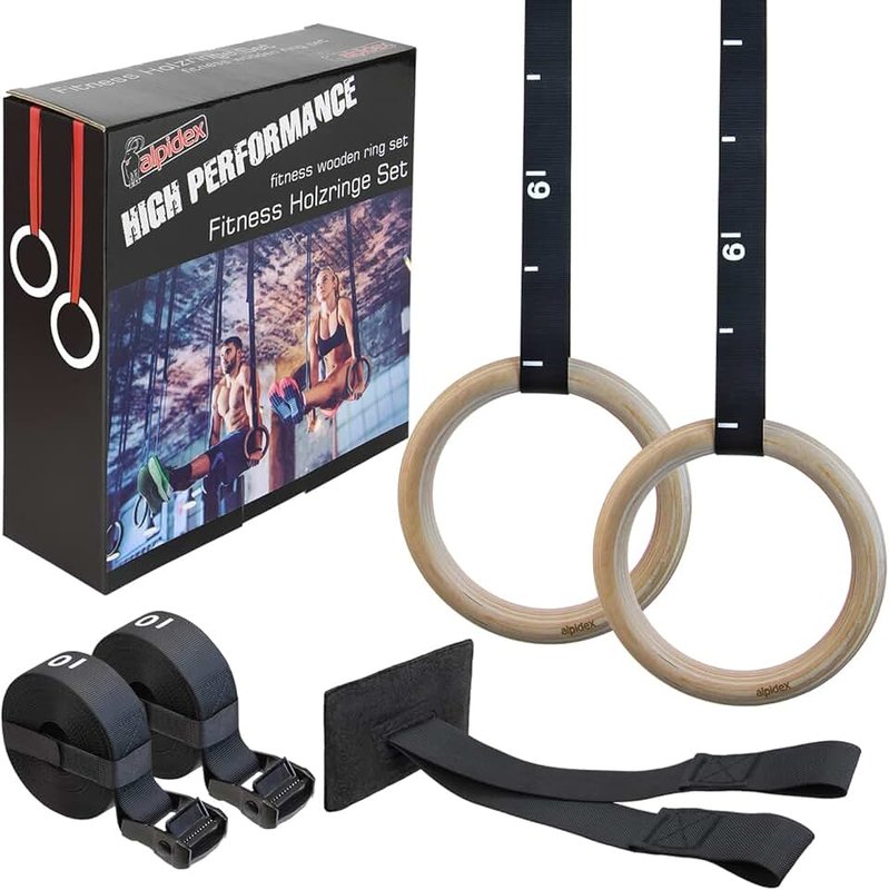ALPIDEX Gymnastics Rings Competition Standard 28 mm Birch Wood Handles Including Door Anchor and Fastening Straps with Length Marking 7 Year Guarantee on Material*