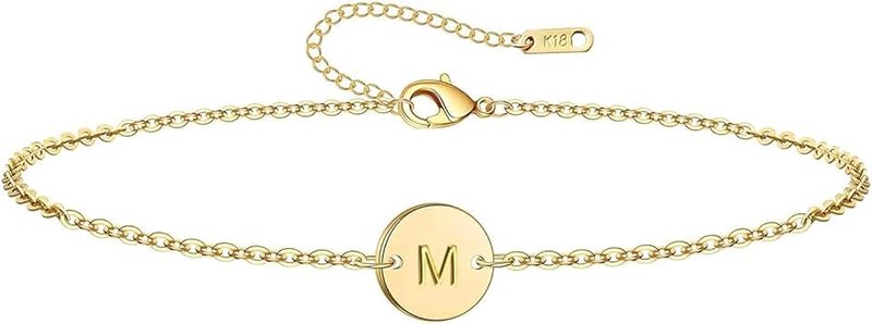Glimmerst Personalized Initial Bracelet, 18K Gold Plated Stainless Steel Letter Bracelet Dainty Coin Charm Bracelet Delicate Disc Name Bracelet for Women