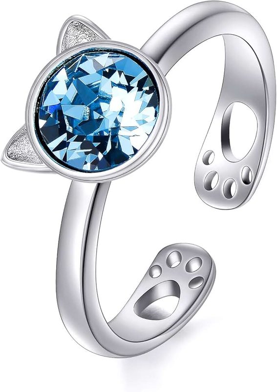 AOBOCO 925 Sterling Silver Cat Ring Cute Kitty Animal Ring for Cat Lovers Women, Made with Austrian Crystal