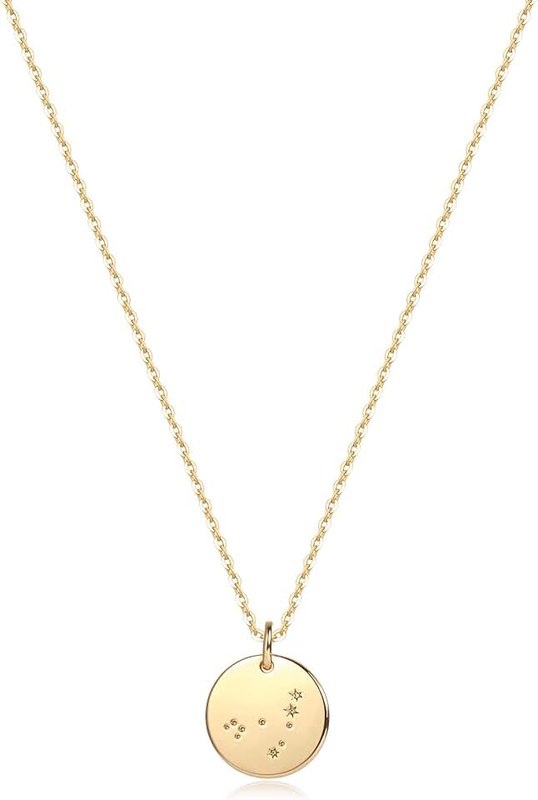 Mevecco MEVECCO Gold Necklace Coin Disc Zodiac 12 Constellation Star Connected Engraved Horoscope Sign Astrology Pendant 18K Gold Plated Chain Dainty Personalized Simple Jewelry