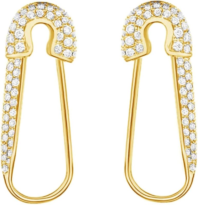 Dtja CZ Safety Pin Cartilage Sterling Silver Hoop Earrings for Women Girls Dainty Cubic Zirconia Dangle Drop Hypoallergenic Stud Post Crystal Huggie Fashion Hoops Jewelry 20mm Gold-Tone