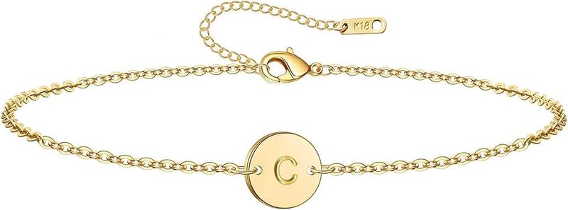 Ovian Initial Charm Bracelet for Women 18K Gold Plated stainless steel Coin Disc Engraved Letter Bracelet Personalized Monogram Name Bracelet