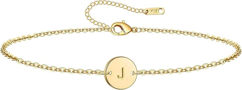 Ovian Initial Charm Bracelet for Women 18K Gold Plated stainless steel Coin Disc Engraved Letter Bracelet Personalized Monogram Name Bracelet