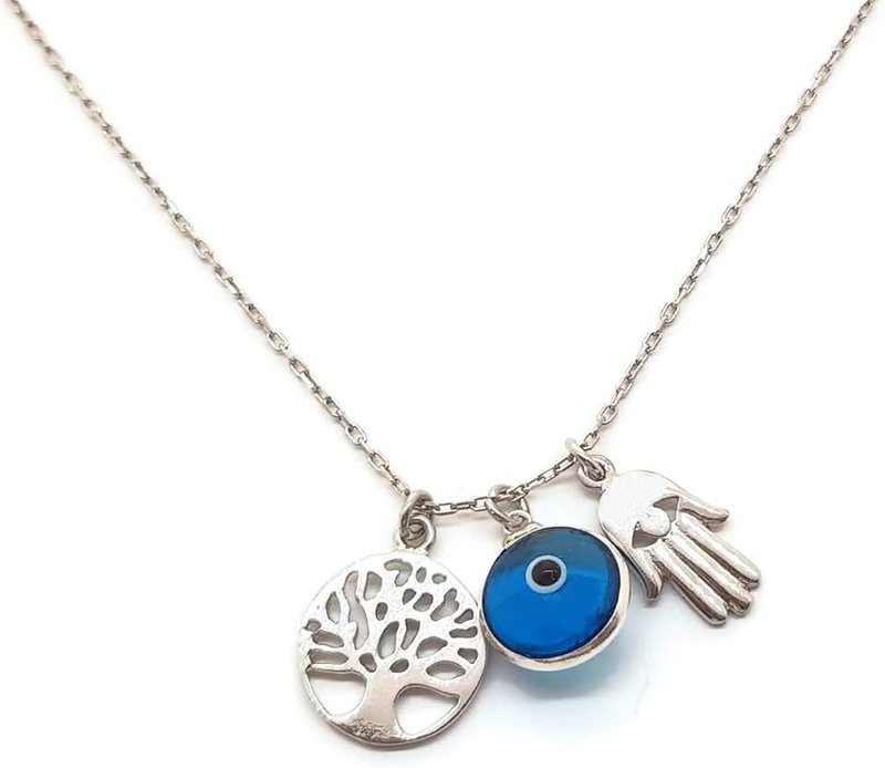 MYSTIC JEWELS By Dalia - 925 Sterling Silver Three Symbols: Hamsa Hand, Tree of Life and Eye of Good Luck Necklace