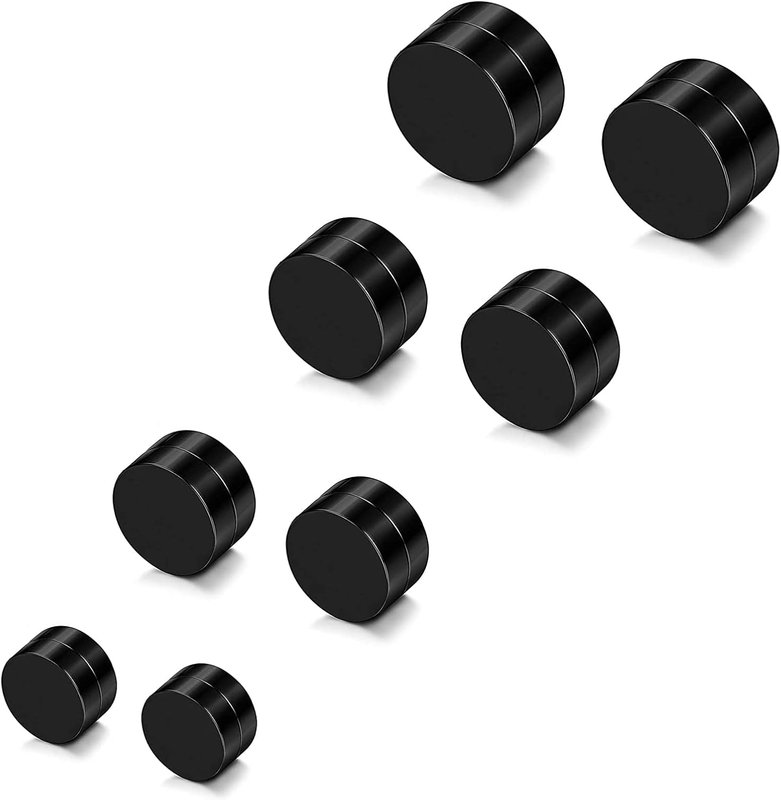 SIISPRI 4-5 Pairs 6-12mm Black Stainless Steel Magnetic Fake Gauges Earring Studs for Men Women Non Pierced Earrings,Hypoallergenic