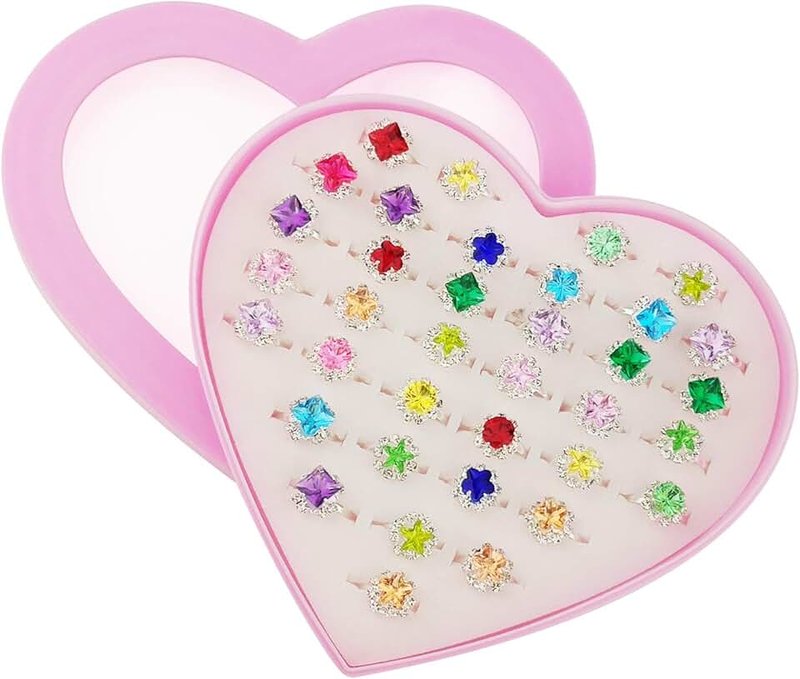 36pcs Little Girl Adjustable Rhinestone Gem Rings Set with Heart Shape Display Case, Jewelry Rings for Kids Pretend Play and Dress Up, Rhinestone
