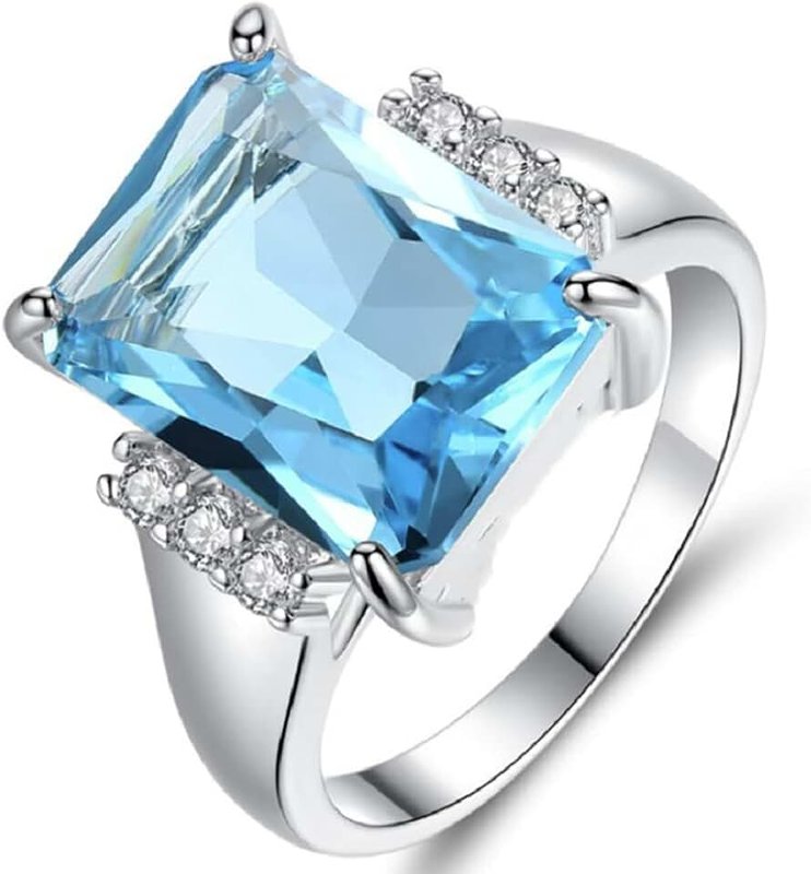Lzz Lzz Vintage Fashion Lady 925 Silver Emerald Cut Blue Aquamarine Gemstone Ring with Diamond Ring Wedding Jewelry Size 5-11 (US Code 7)