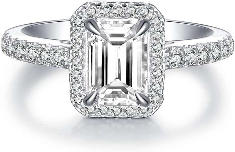 BeFab Silver 1.0 Ct (7x5mm) Emerald Cut Engagement Ring Accented Halo Wedding Ring Half Eternity Radiant Cut Anniversary Ring