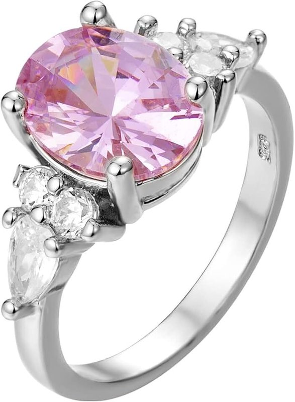 Lzz Lzz 3.3CT Pink Sapphire Birth Stone Ring Vintage Silver Oval Cut Mosaic Cubic Zirconia Ring Size 6-10, US code 7, Metal,Silver,Zirconia