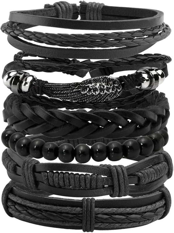 Mafnee 6-12PCS Braided Faux Leather Bracelet Punk Cuff Wrap Bracelets for Men Women Adjustable