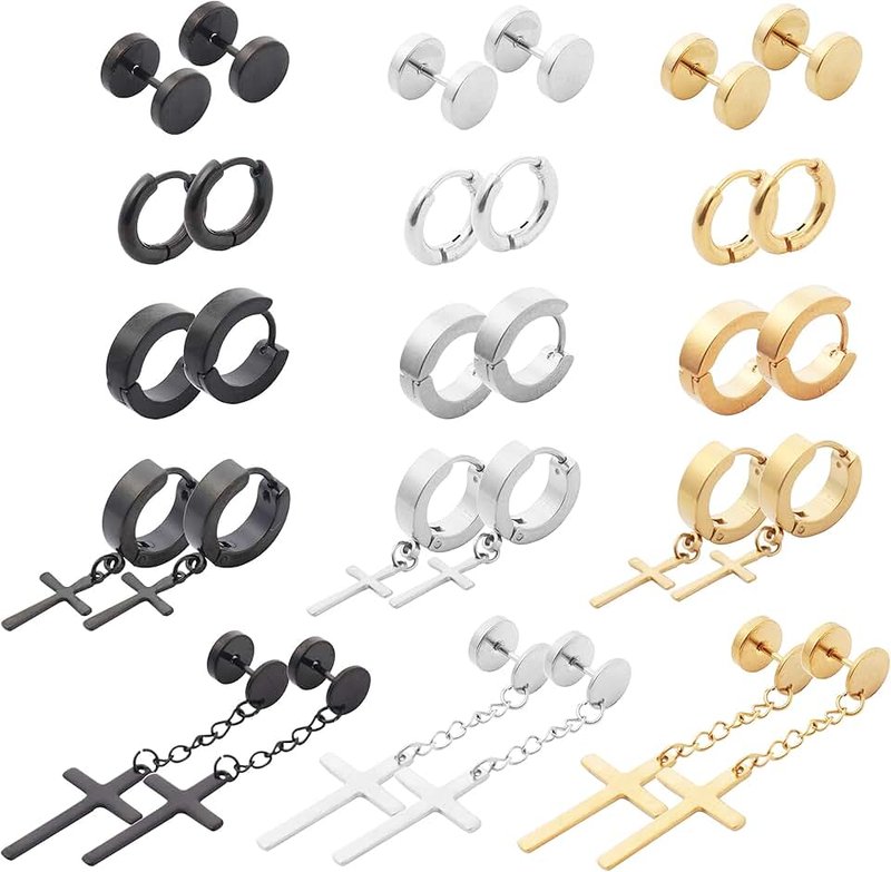 NEWITIN 15 Pairs Stainless Steel Stud Earrings for Men Cross Earrings Punk Earrings Hoop Mens Earrings Hinged Cross Dangle Earrings for Women