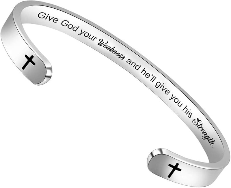 BTYSUN Religious Bracelets for Women,BTYSUN Girls Christian Bible Verse Gifts Cuff Bangle Jewelry Come Gift Box (Give god your Weakness and he'll give you his Strength)