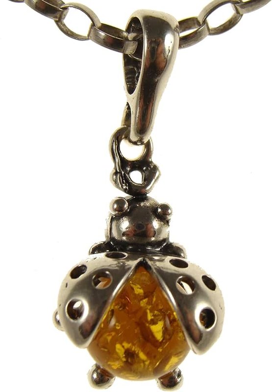 SA Necklaces Baltic amber and sterling silver 925 cognac ladybird pendant necklace jewellery with 1mm Italian sterling silver 925 snake chain - 10 12 14 16 18 20 22 24 26 28 30 32 34 36 38 40"