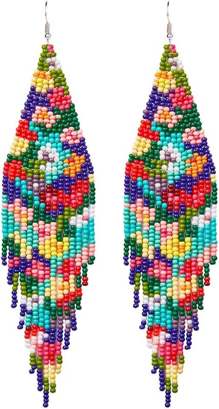 UNIQFAVOR Long Beaded Tassel Earrings - Bohemian Fringe Drop Earrings Statement, Seed Bead Tribal Dangle Earrings, Pendientes De Borla, Gift Idea for Women, Girls, Valentine
