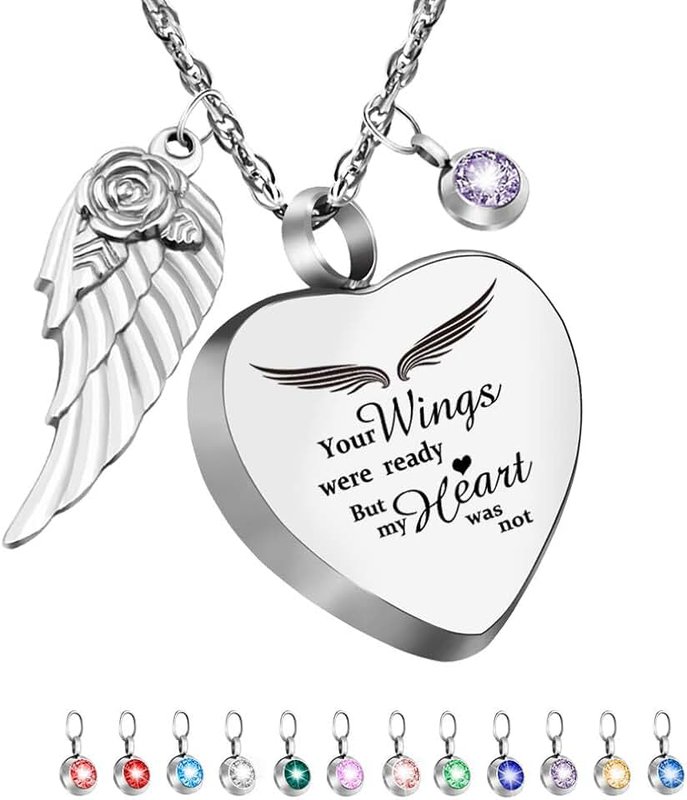 Dletay Heart Urn Necklace for Ashes Cremation Jewelry with 12 Birthstones Stainless Steel Memorial Pendant Ashes Necklace for Loved Ones