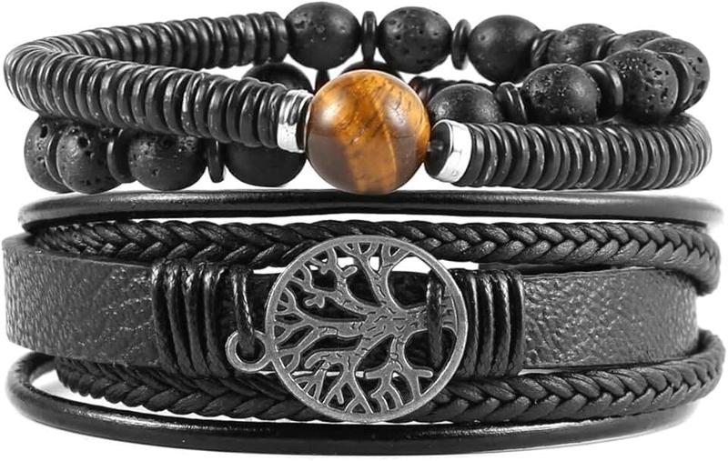 HZMAN Genuine Leather Tree of life Bracelets Men Women, Tiger Eye Natural Stone Lava Rock Beads Ethnic Tribal Elastic Bracelets Wristbands