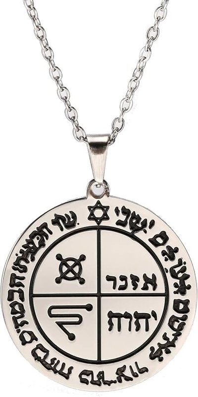 VASSAGO Stainless Steel Third Pentacle of Jupiter Pendant Necklace Talisman Key of Solomon Seal Engraved Round Charm Protection Necklaces Jewelry for Men Women Teens