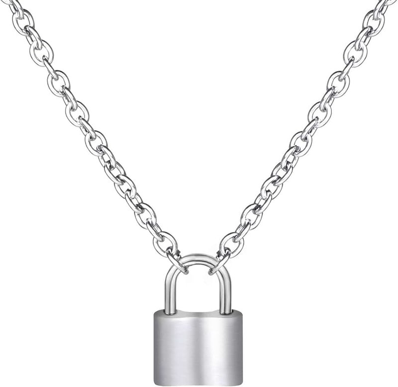 wisdompro Stainless Steel Lock Shape Pendant Necklace, Padlock Choker for Unisex Adults, 19.6 inches - Silver