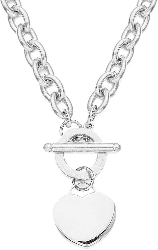 WangGao Elegent Love Stainless Steel Link Chain Blank Heart Charms Necklace for Women Toggle Clasp Closure