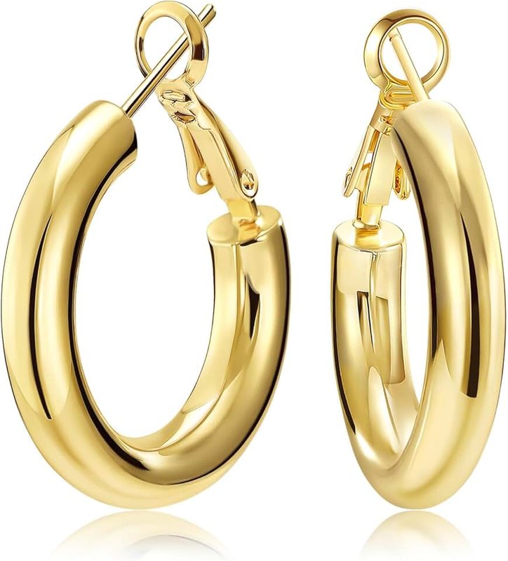 shownii Chunky Gold Hoop Earrings, 14K Gold Plated Chunky Tube Hoop Earrings for Women Lightweight Thick Hoops