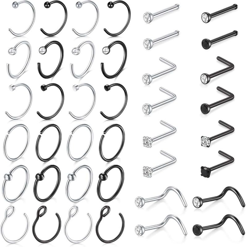 MODRSA 18G 20G 22G 8pcs Surgical Steel Nose Rings Studs 2mm Colorful Round CZ L Shaped Nose Piercing Jewelry