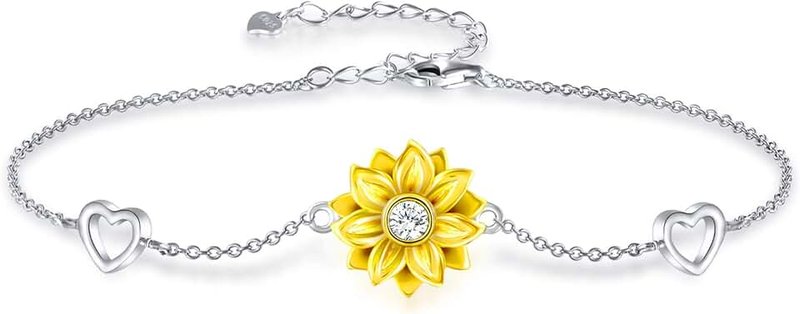 SNZM 925 Sterling Silver Bracelet for Women Adjustable Christmas Sunflower Heart Bracelet Gifts for Women Girlfriend, Love Jewelry Gifts for Valentines Day Birthday