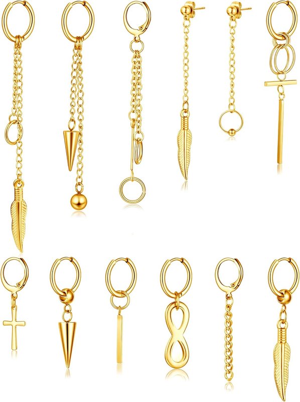 Hicarer 12 Pieces Hoop Dangle Earrings Stainless Steel Dangle Hinged Hoop Earrings Long Chain Pendant Earrings