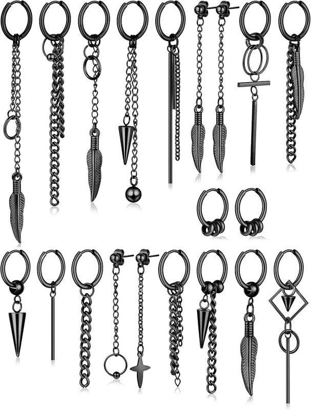 Hicarer 20 Pcs Men Dangle Earrings Stainless Steel Huggie Hinged Hoop Earrings Kpop Earrings