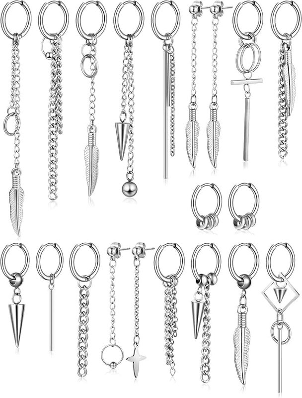 Hicarer 20 Pcs Men Dangle Earrings Stainless Steel Huggie Hinged Hoop Earrings Kpop Earrings