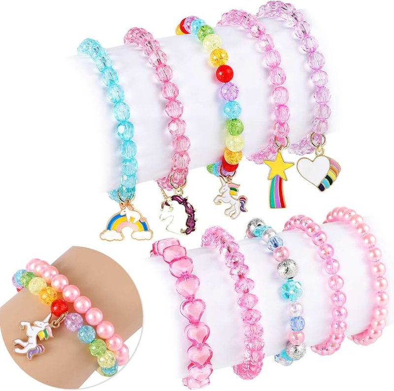 G.C G.C 10 PCS Girls Kids Rainbow Beaded Bracelet with Cute Unicorn Rainbow Heart Star Pendant Stretchy Costume Jewelry Set Gift Play Party Favors Friendship Bracelets Jewelry for Baby Toddler Little Girl