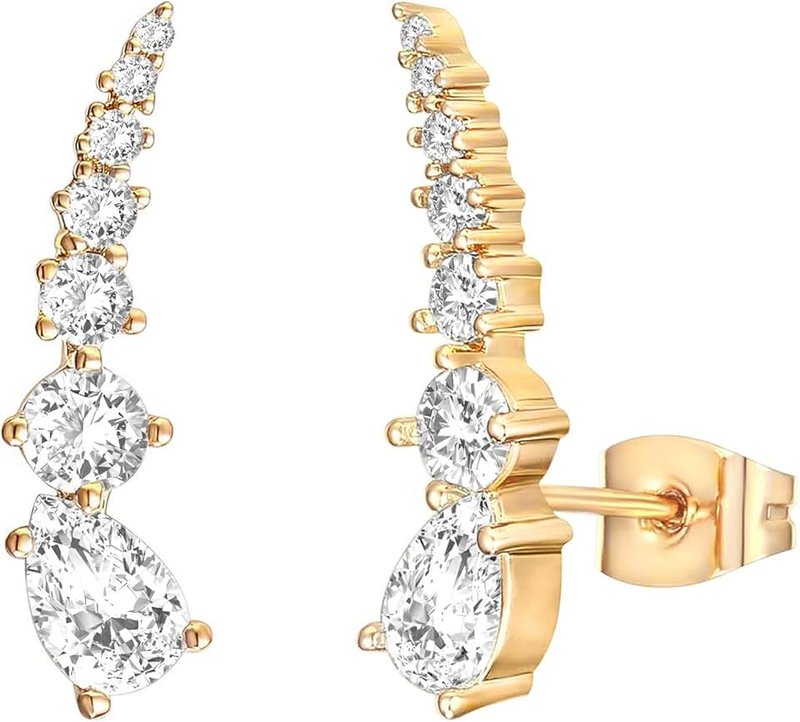 PAVOI 14K Gold Plated Cubic Zirconia Ear Crawler Earrings - Faux Diamond Arrow Ear Climber Fashion Earrings in Rose Gold, White Gold and Yellow Gold