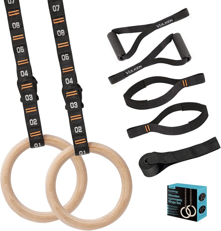 Vulken Wooden Gymnastic Rings with Adjustable Numbered Straps. 1.1'' Olympic Rings for Core Workout, Crossfit, and Bodyweight Training. Home Gym Rings 1600lbs with Workout Handles