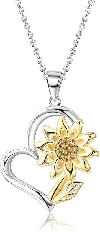 Milacolato 925 Sterling Silver Sunflower Necklace for Women You're My Sunshine 5A CZ Sunflower Heart Pendant Necklace for Women Valentines Day Gifts with Box