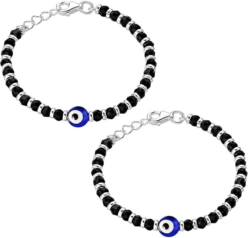NEMICHAND JEWELS 925 Sterling Silver Evil Eye Black Bead Crystal Nazariya Bangle/Bracelet For New Born Baby Boys and Girls