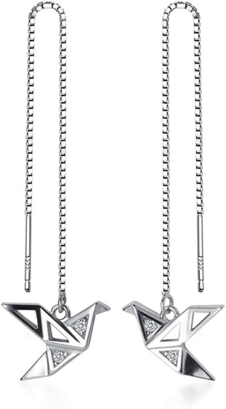 Kokoma Origami Paper Crane Dangle Drop Earrings Sterling Silver Good Luck Cute Tassel Threader Long Chain Ear Line Stud Earring Minimalist Jewelry Gifts Hypoallergenic for Women Girls