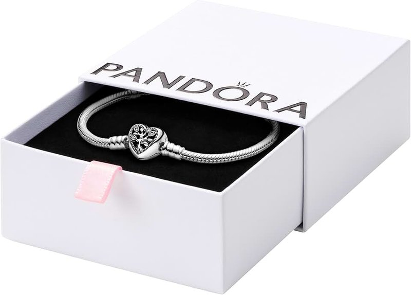 PANDORA Moments Family Tree Heart Clasp Snake Chain Bracelet, Clear CZ 925 Sterling Silver Charm Bracelet